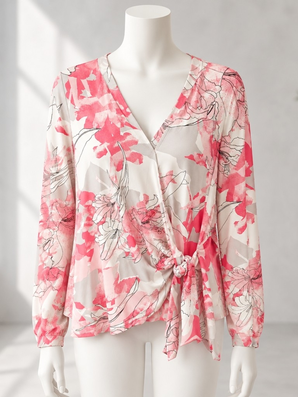 Alfani Pink and White Floral Wrap Tie Blouse